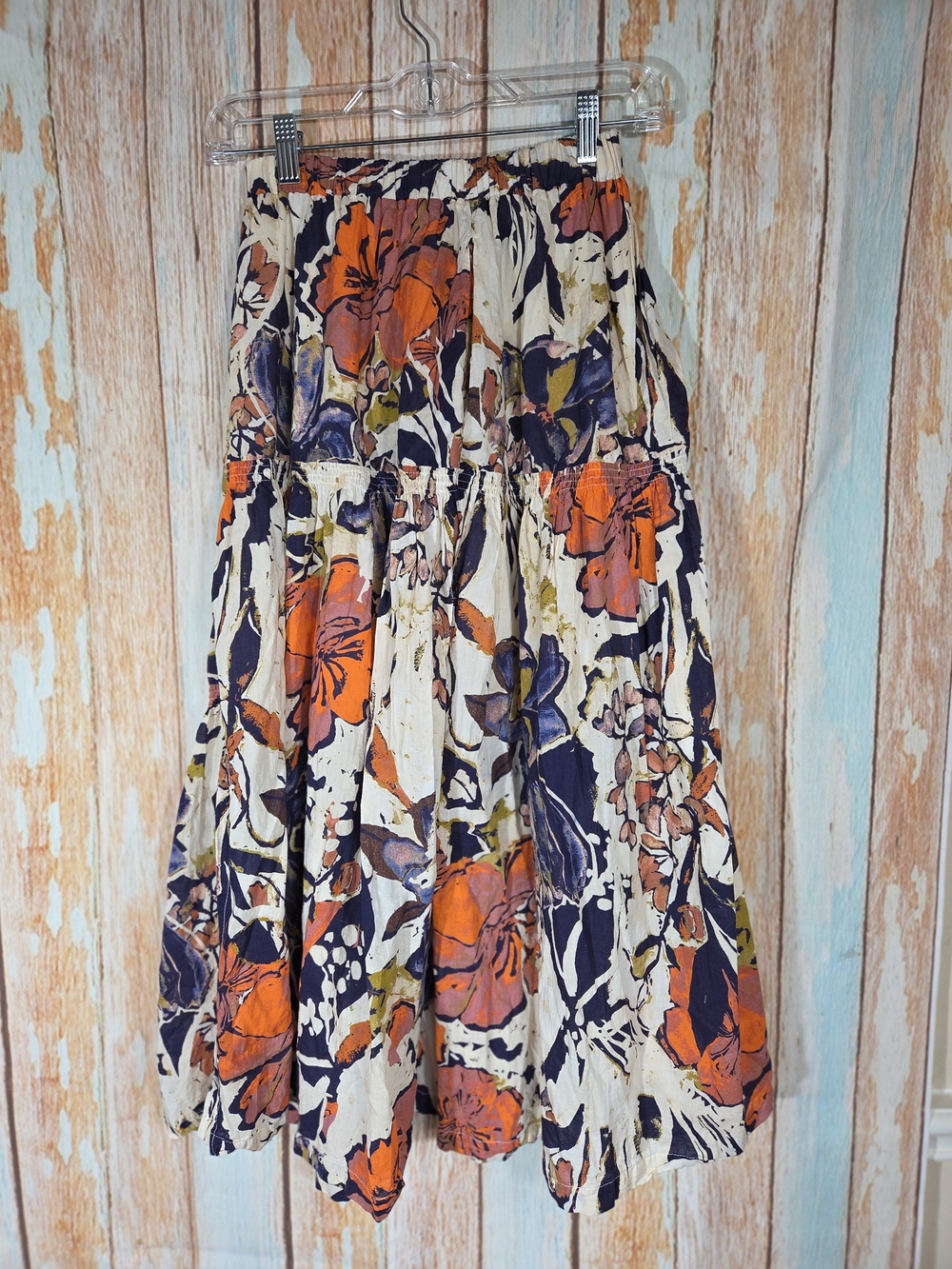 Free People Floral Tiered Maxi Skirt - Orange, Navy & Cream. 100% Cotton. Sz XS - Picture 2 of 4